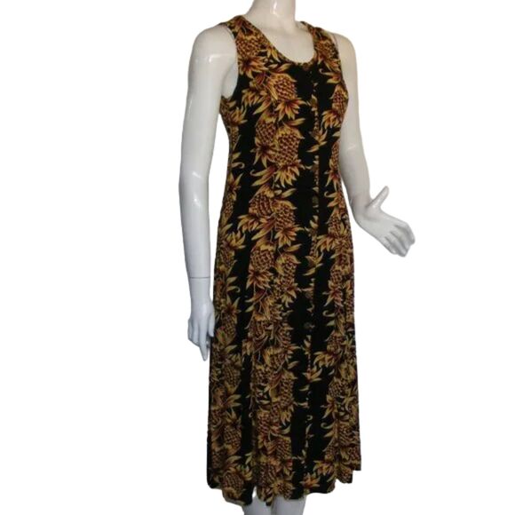 PINEAPPLE MOON Midi Dress, 2, Pineapple print, Sleeveless, Sheath, Black/Yellow - Picture 3 of 13